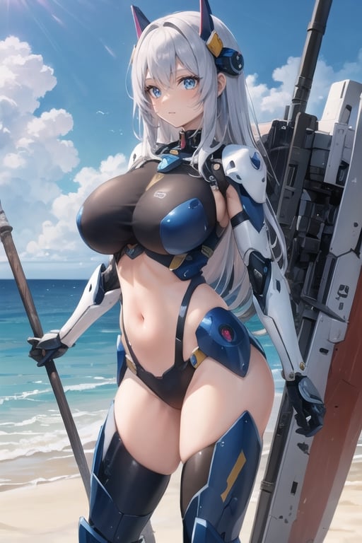 mecha, mecha_musume, metal, 1girl, solo, huge axe, Shiny, ,glitter, Masterpiece, beautiful details, perfect focus,high resolution, exquisite texture in every detail, 1 girl, solo, navel, ocean
,mecha musume,robot,mechanical,MECHA