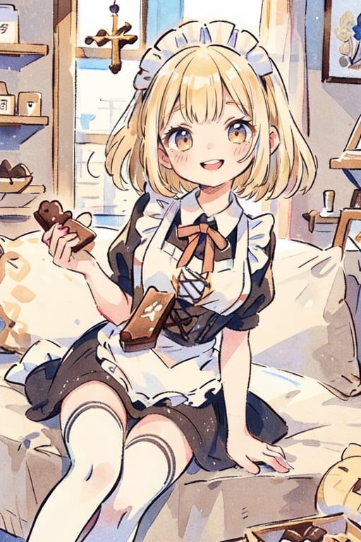 ((1 female, blonde hair)), adult maid, 20 years old, black maid dress,white thighhighs,white apron,cross-laced clothes. The girl  selling chocolate box set in an indoor chocolate shop with smile,  masterpiece, best quality, looking at viewer, vintage fantasy, watercolor, warm pastel colour tone, colourpencil style, close up