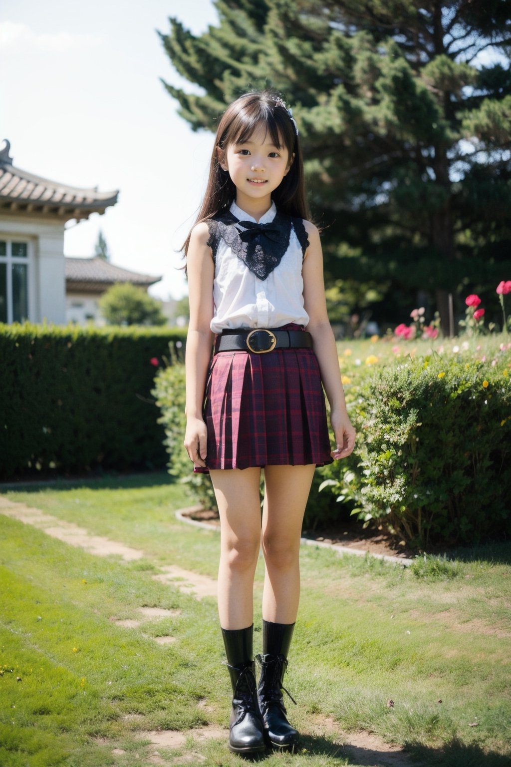 (((In the garden of a classical mansion villa))),(((looking at camera))),
人物：(((a elementary school little girl,korean elementary school little girl))),((Kim Taeyeon)),(((elementary school little girl body:1.3))),(the stature of a elementary school little girl),(((elementary school little girl))),
特質：(((The developing little girl's body:1.4))),Short stature, short legs, a child's body,the face of a child, the head of a child,
畫面：(((full body into shot))),
頭髮：(bangs),straight hair,Long hair:1.4,
服裝：(black lace, very oversized loose sleeveless sheer vest),(red mini pleated skirt), (patterned pleated skirt), ((belt)),black leather boots,