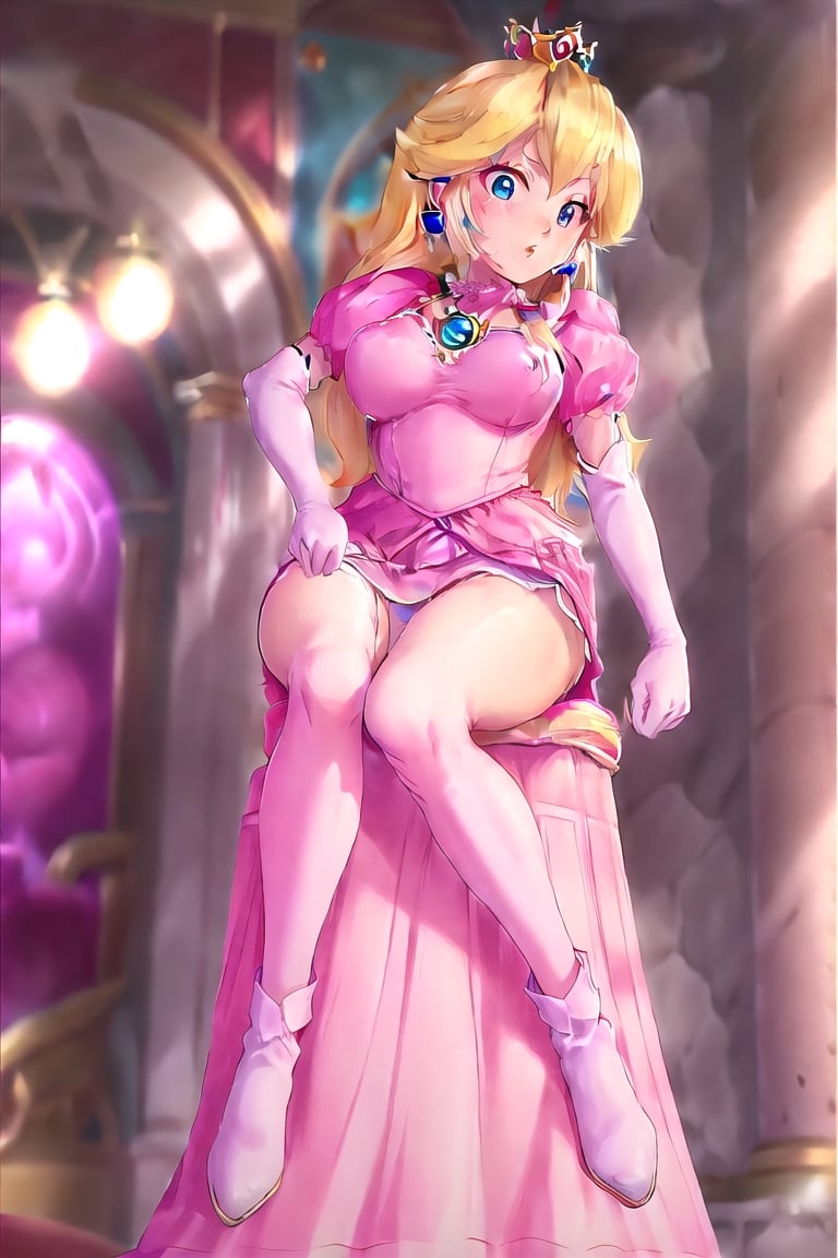 (masterpiece:1.3), (high quality:1.3), (high detailed:1.3), 4k,photorealistic, ultradetailed body, 1 beautifull young princess Peach Sitting on a great throne in its castle, long blonde hair, braids, (large neckline:1.4), blue dress and (short pink skirt:1.5) whit white panties, ((large breasts and big ass)), cowboy shot, Mario, (view from below:1.2), red crown in head,cartoon ,real, 