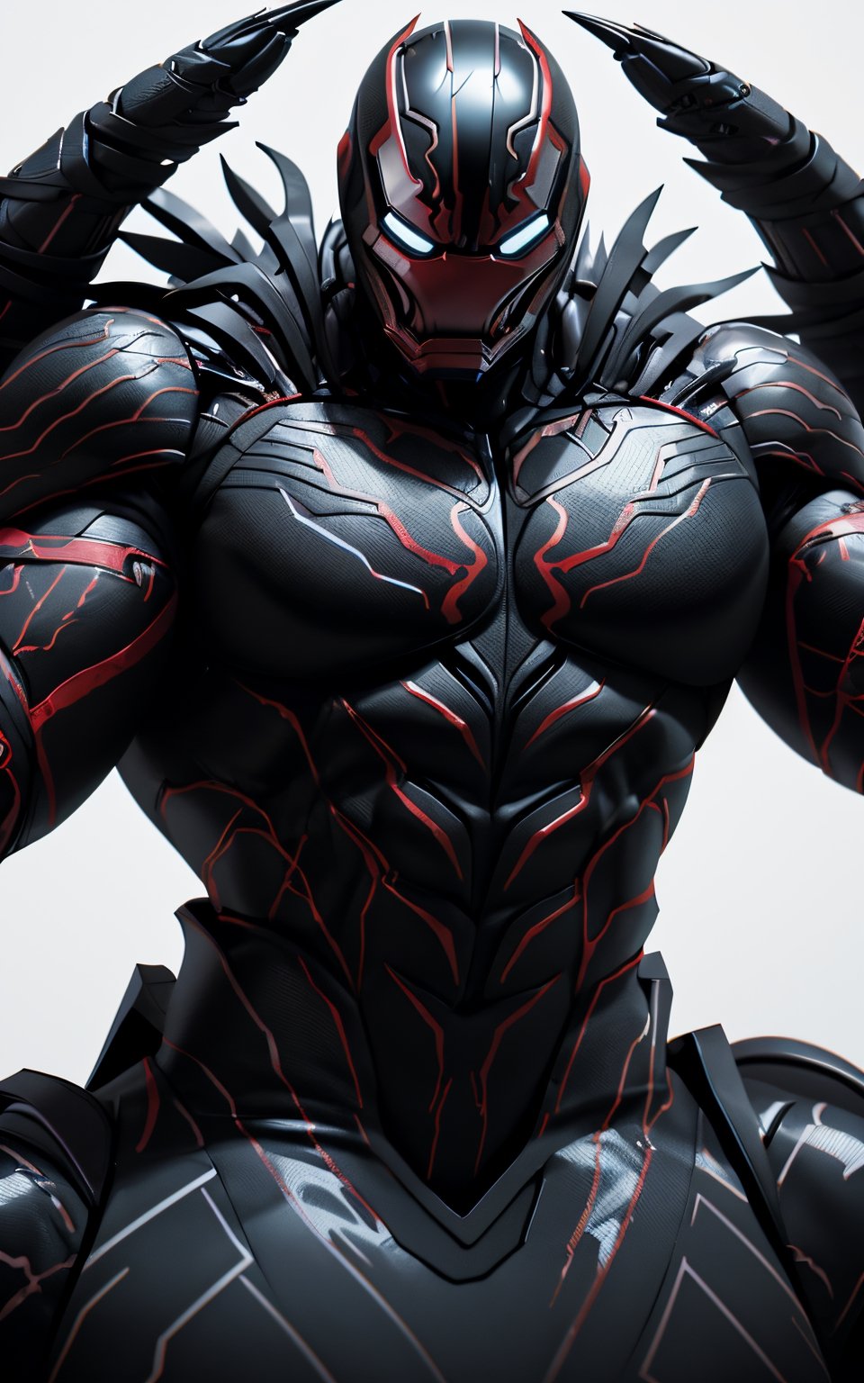 Create strong black ironman infected venom symbiote showing one arm mucle high detailed vector, cinematic, photo, 3d render, T-shirt design graphic, vector, contour, white background, retro, cinematic, 3d render, 4k,