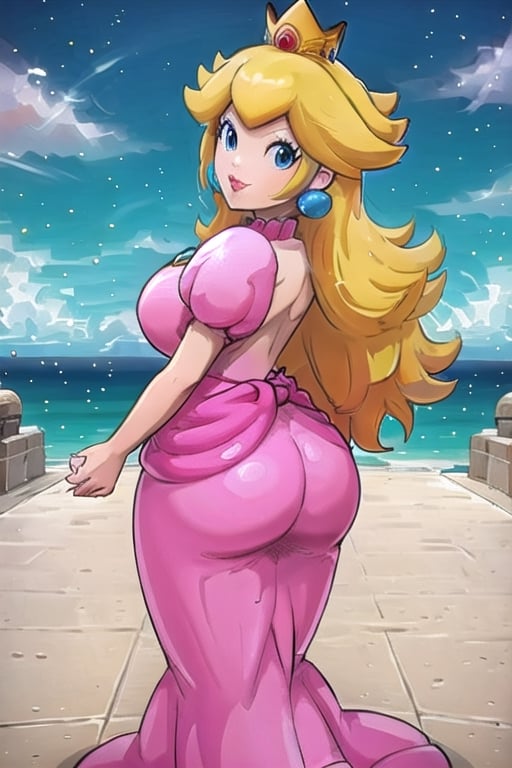 , pch, large breasts, pink dress, crown, puffy sleeves, brooch, earrings, smile, lipstick, from behind, looking back, looking at viewer, large ass