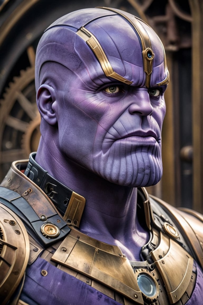 ((Generate hyper realistic image of Thanos in a captivating scene featuring a stunning old steampunk 19th century background )) semi side view,  gray eyes, photography style , Extremely Realistic, ,, darkart,3dmdt1,ste4mpunk,HZ Steampunk