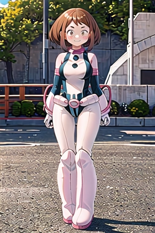 masterpiece, best quality, highres, hmochako, blush stickers, short hair, medium breasts, superhero, bodysuit, , cowboy shot, standing, outdoors, smile, straight-on, arms at sides, ,boots