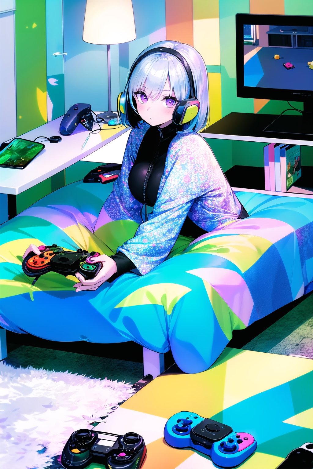 (masterpiece), 1girl,  30 years old, silver hair, medium hair, multicolored hair, purple eyes, large breasts, long sleeves, indoor, bed, game console, monitor, game controller print, game controller,game controller print