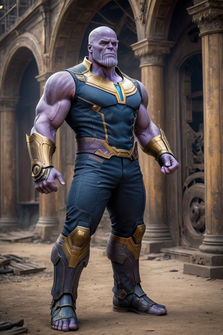 ((Generate hyper realistic image of Thanos in a captivating scene featuring a stunning old  19th century background )) full body, semi side view,  gray eyes, photography style , Extremely Realistic, ,, darkart,3dmdt1,ste4mpunk,HZ Steampunk