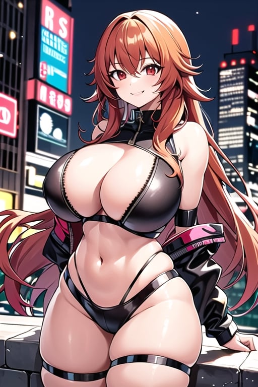 1girl, breasts, solo, huge breasts,  cleavage, ,navel,cyberpunk, outdoors,cityscape,smile,thick thighs,  orange hair, red red eyes, ,zipper