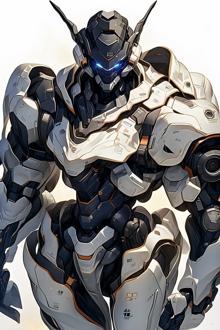 masterpiece, best quality,
robot, armor, solo, 1boy, helmet, full body, looking at viewer, white background, science fiction, glowing, blue eyes, no humans, simple background, saber, glowing eyes, power armor, 