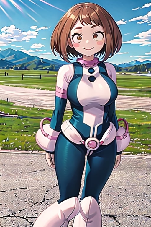 masterpiece, best quality, highres, hmochako, blush stickers, short hair, large breasts, superhero, bodysuit, , cowboy shot, standing, outdoors, smile, straight-on, arms at sides, ,boots