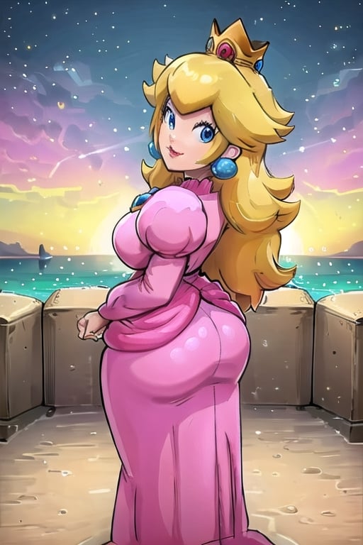 , pch, large breasts, pink dress, crown, puffy sleeves, brooch, earrings, smile, lipstick, from behind, looking back, looking at viewer, large ass