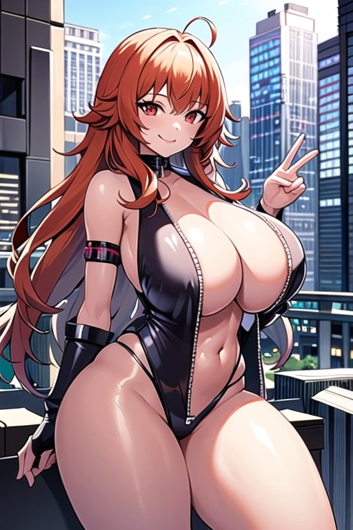 1girl, breasts, solo, huge breasts,  cleavage, ,navel,cyberpunk, outdoors,cityscape,smile,thick thighs,  orange hair, red red eyes, mechanic coveralls ,zipper