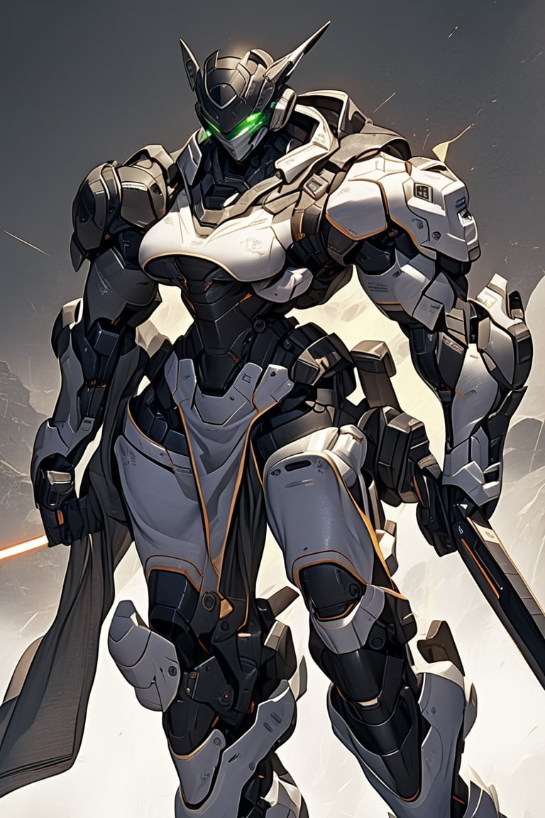 masterpiece, best quality,
robot, armor, solo, 1girl, helmet, full body, looking at viewer, white background, science fiction, glowing, green eyes, no humans, simple background, great sword, glowing eyes, power armor, 