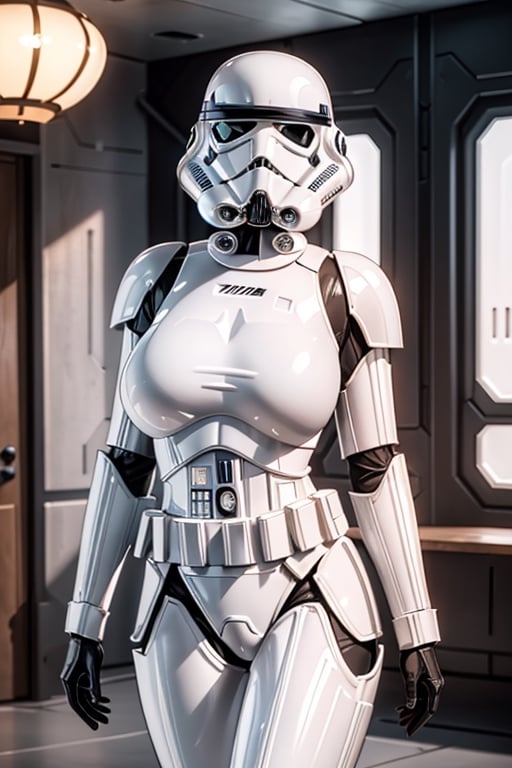 storm trooper, helmet, pink armor, science fiction, star wars, pose, 1girl, solo, breasts, ,female, solo, indoors, fully_clothed, sci_fi, hyper_boobs,