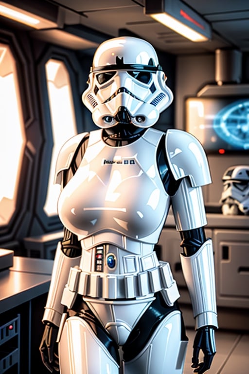 storm trooper, helmet, white armor, science fiction, star wars, pose, 1girl, solo, breasts, ,female, solo, indoors, fully_clothed, sci_fi, hyper_boobs,