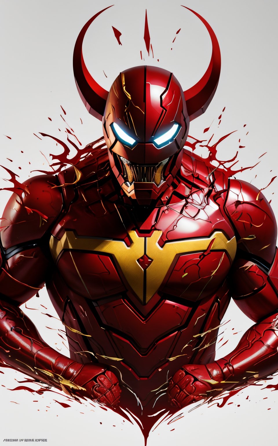 Create strong red and gold ironman infected venom symbiote showing one arm mucle high detailed vector, cinematic, photo, 3d render, T-shirt design graphic, vector, contour, white background, retro, cinematic, 3d render, 4k,