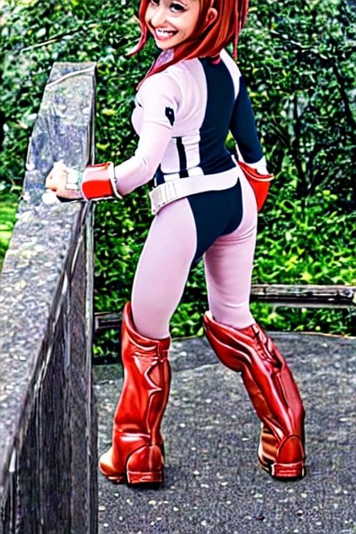 masterpiece, best quality, highres, hmochako, blush stickers, short hair, large breasts, superhero, bodysuit, , cowboy shot, standing, outdoors, smile, straight-on, arms at sides, ,boots