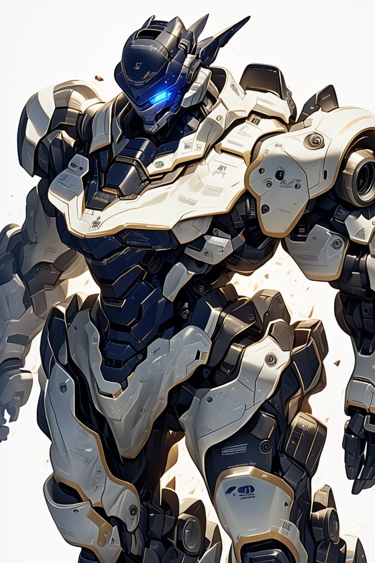 masterpiece, best quality,
robot, armor, solo, 1boy, helmet, full body, looking at viewer, white background, science fiction, glowing, blue eyes, no humans, simple background, saber, glowing eyes, power armor, 