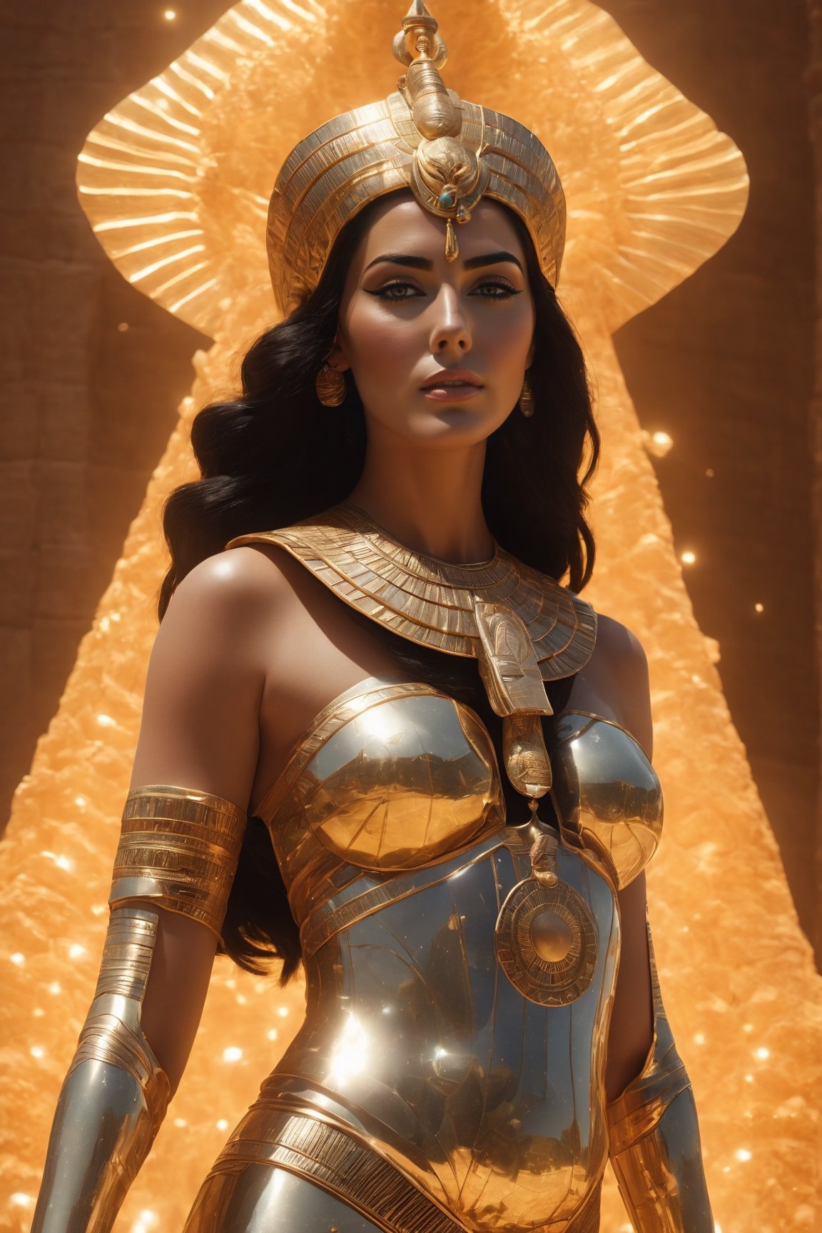  (in Egypt), (Egyptian gods), (Coral Pyramid Egypt behind), (character Isis), egyptian style, ((full body)), fire as part of human body, black_hair, nature, detailed makeup egyptian style, subsurface scattering, transparent, translucent skin, glow, bloom, Bioluminescent liquid,3d style,cyborg style,Movie Still,Leonardo Style, warm color, vibrant, volumetric light, pregned,xxmix_girl, Monica Bellucci, realistic skin:1.5, dfdd, (translucent blooms), aw0k, (((floating energy bubbles))), Floating:1.5, huayu, dancing, 6000, LostRuins, scenery, Dark,Sekmeth deity