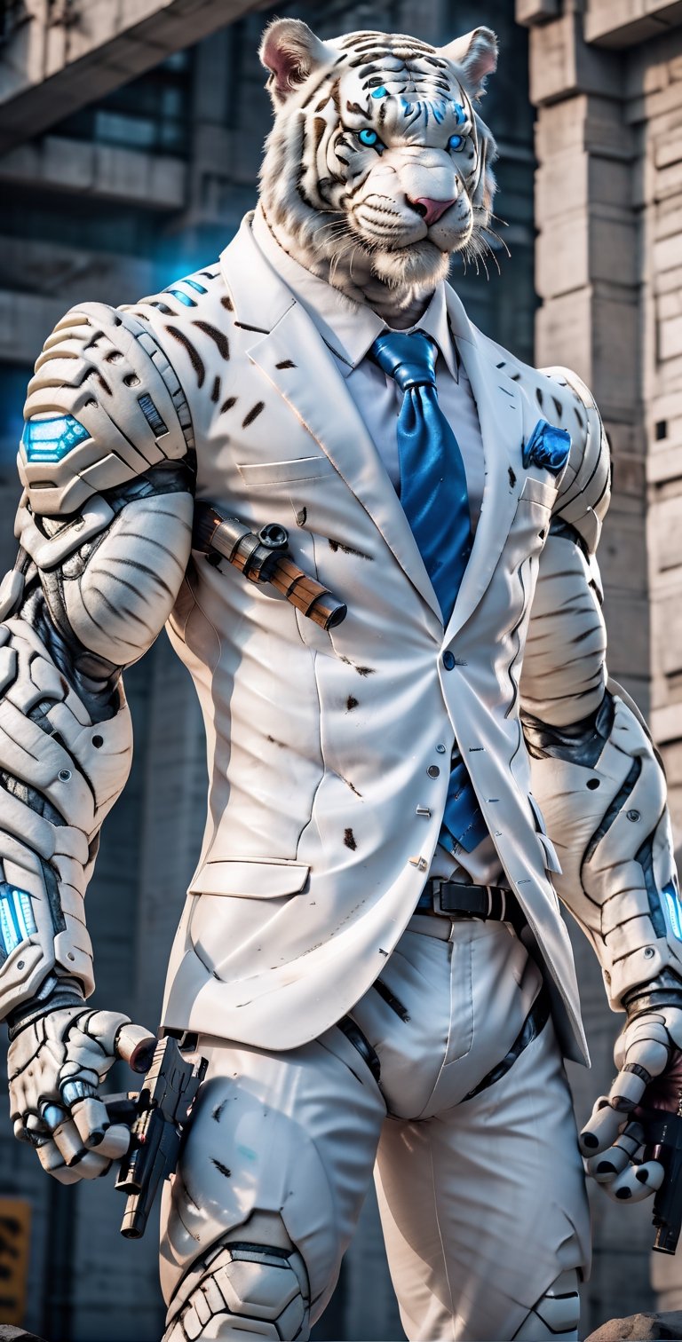 giant white tigger as a scarf, ultra high resolution, 8k photography, extremely detailed, (( realistic style white suit:1.3)) ,  Custom design, shining body, glowing look, full shining suit, body, hues.,, perfect custom, holding gun pistol, weapon master, muscle body,big dick,soldier futurist,blue jacket,gabardina negra