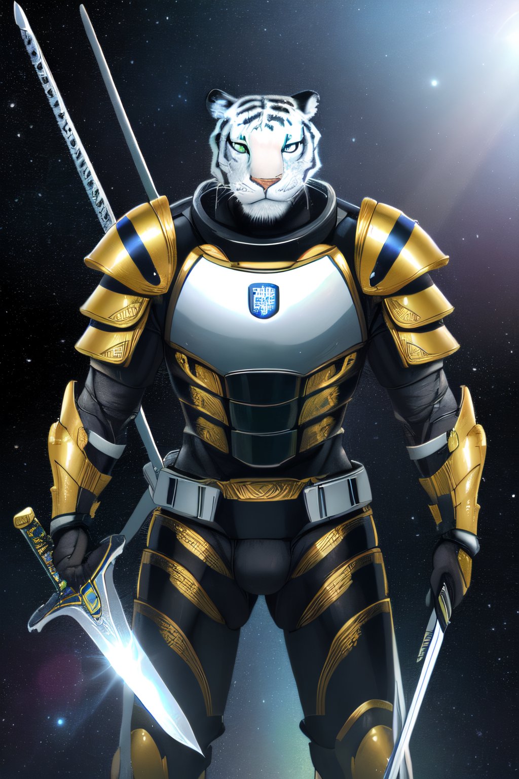 white tiger, mutant,solider,commander space, titan,muscle body, samurai style,humanoid,army, urmah warrior,ufo,green eyes,sword,big dick,golden armour,blue eyes,silver shield,golden claw,star trek logo