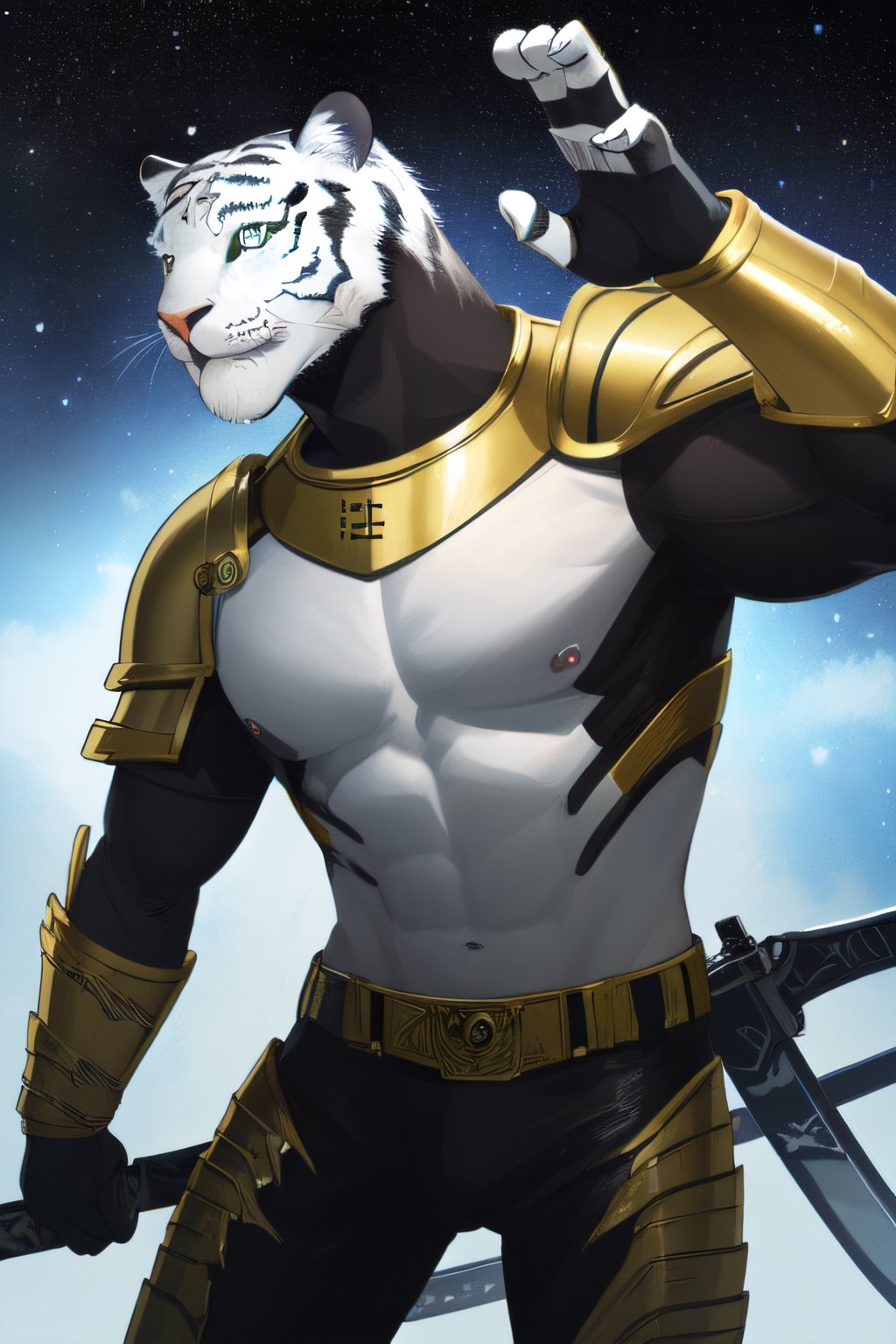 white tiger, mutant,solider,commander space, titan,muscle body, samurai style,humanoid,army, urmah warrior,ufo,green eyes,sword,big dick,golden armour,blue eyes,silver shield,golden claw,star trek logo