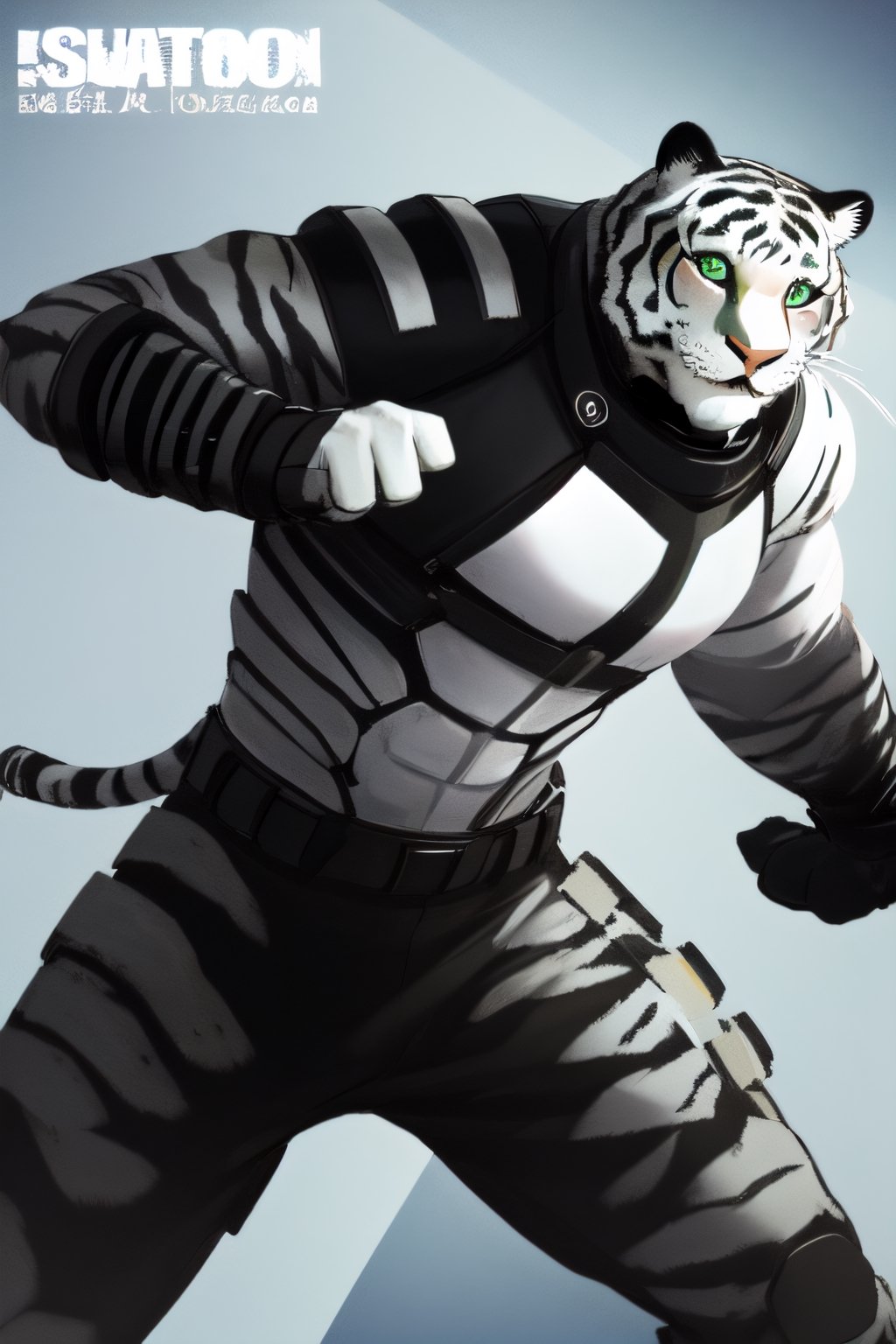 white tiger, mutant,solider,commander space, titan,muscle body, samurai style,humanoid,army, urmah warrior,ufo,green eyes,