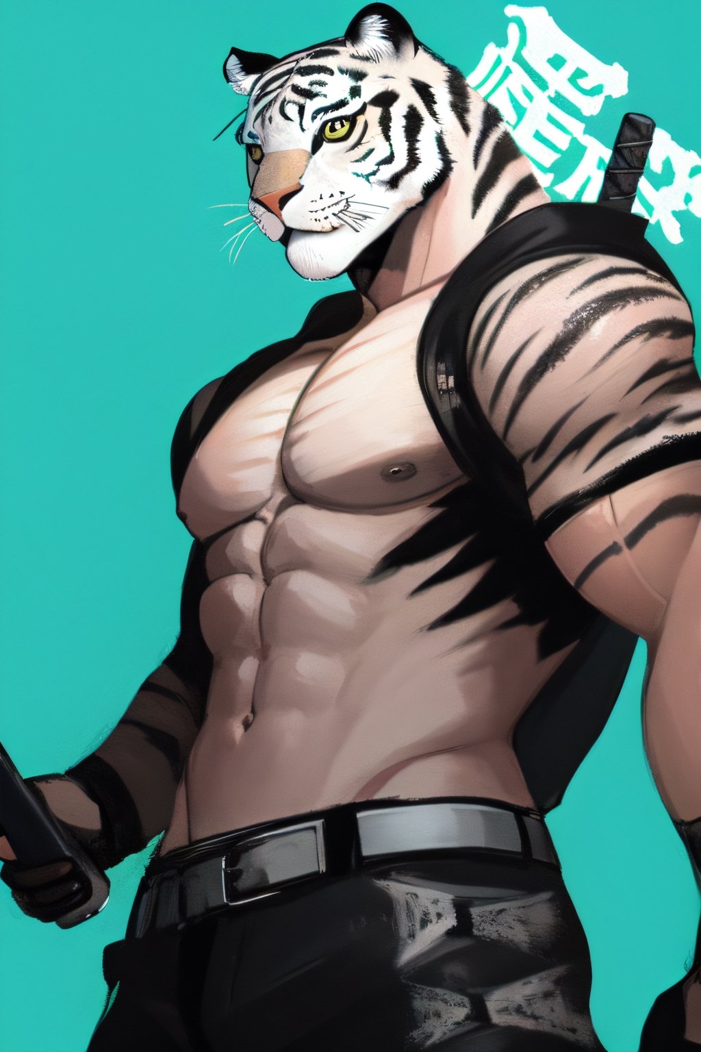 streetwear, white tiger, mutant, muscle body, samurai style, cyberpunk background, bright background,