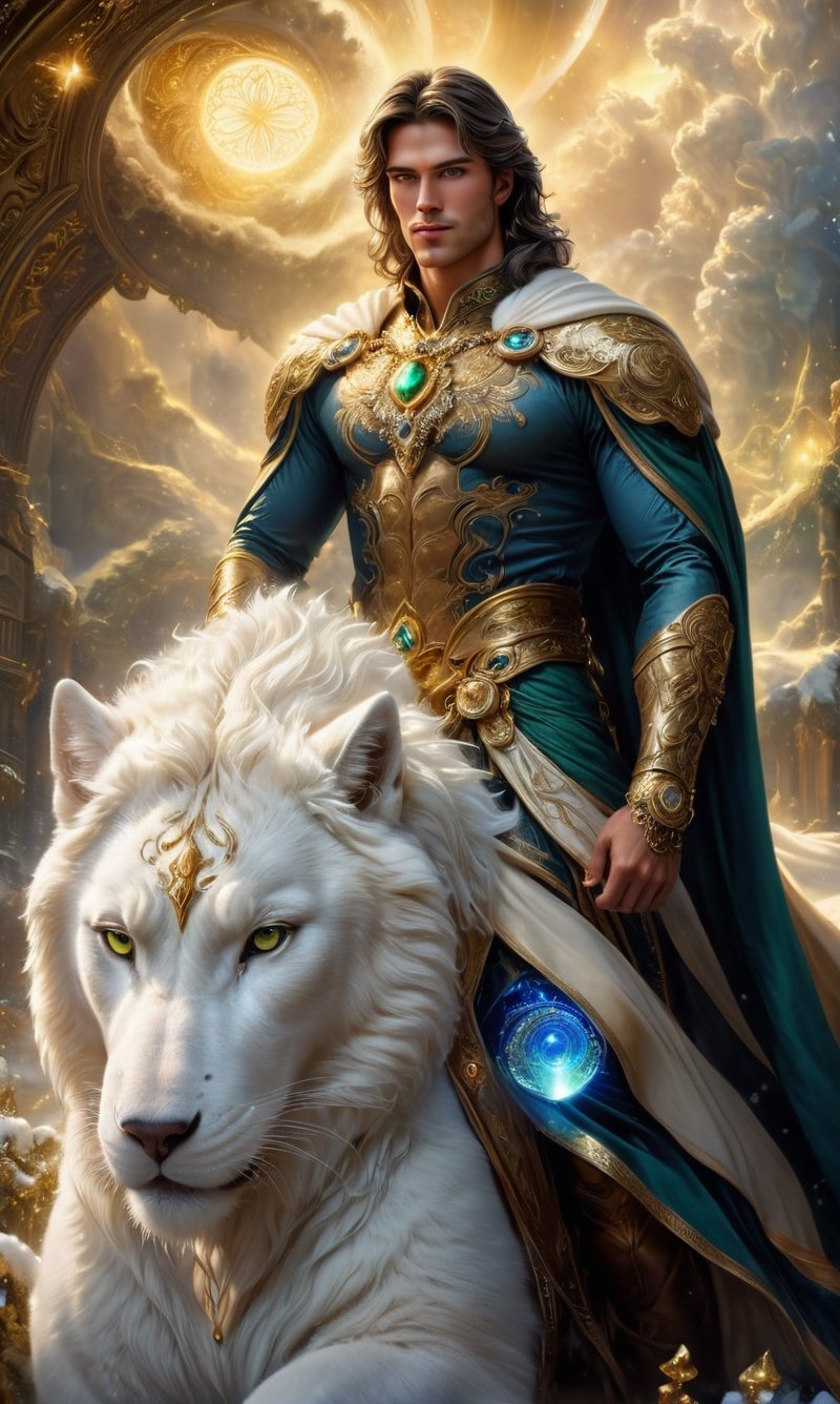 A muscular man stands naked in a wonderland, wearing a rich snow-white fur cape with a very long pile, from under which his extremely muscular body can be seen, the emphasis is on the male body. Above his head is a halo surrounded by a white cloud and golden holy light, the man is adorned with gold chains with precious stones, finger rings, a heavy belt with a band of gold with precious sparkling stones covering his penis. He has short blond hair with shaved temples and large expressive green eyes. A clock ticks in the distance. This scene seems like something out of the realm of fantasy or legend seen from above", DonMDj1nnM4g1cXL, , , , , , , , , ,DonMASKTexXL,mexican_guy_big_cheeks_black_hair_