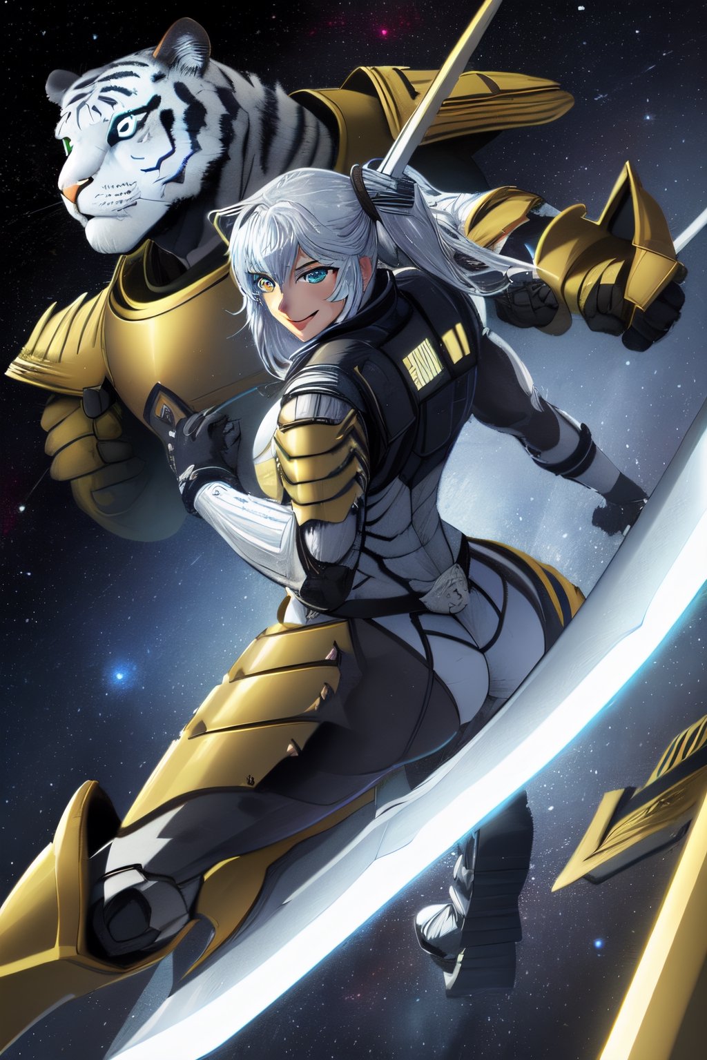 white tiger, mutant,solider,commander space, titan,muscle body, samurai style,humanoid,army, urmah warrior,ufo,green eyes,sword,big dick,golden armour,blue eyes,silver shield,golden claw,star trek ,logo,pilot_suit,power arms,smile,big ass