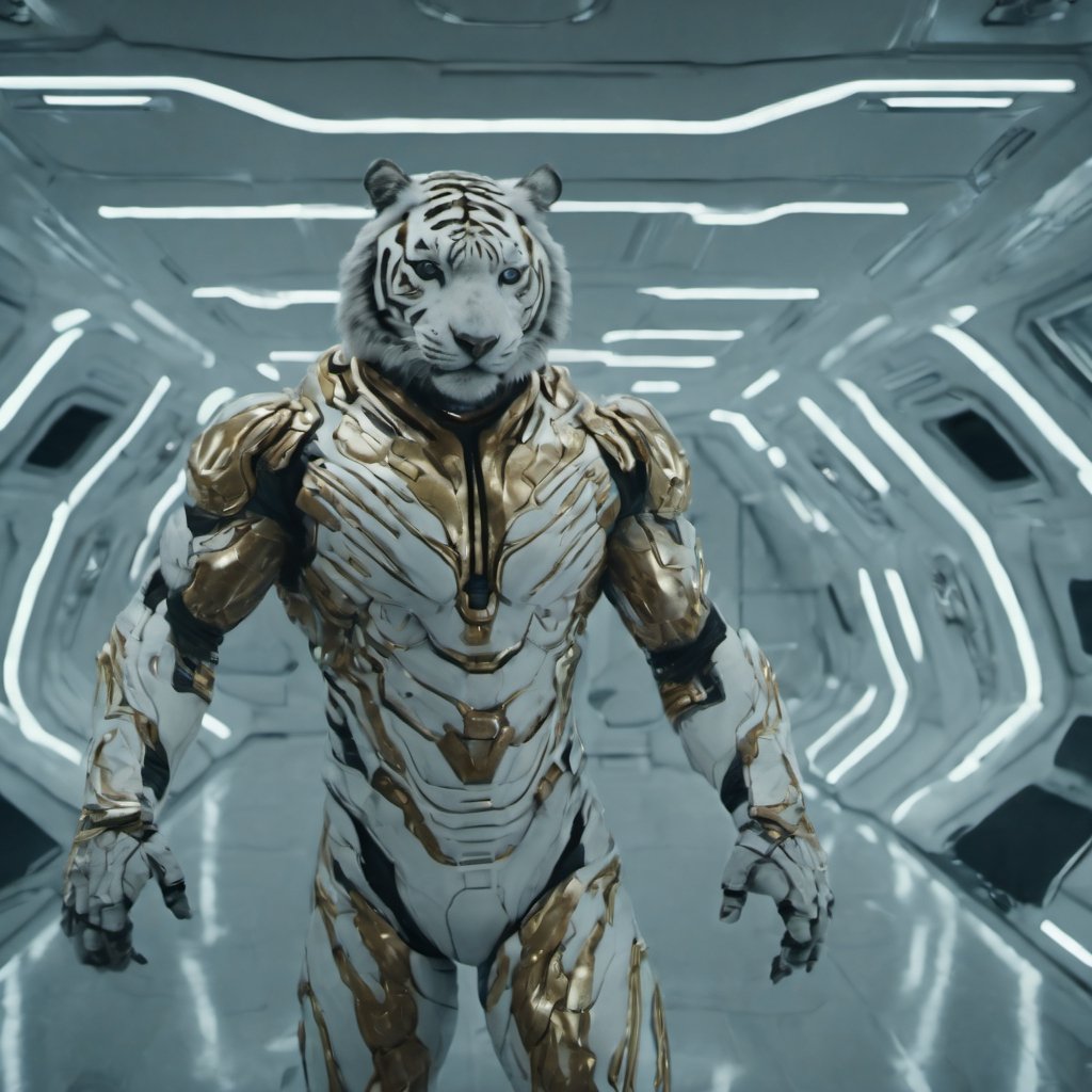 spaceship workspace, futuristic movie, clear cinematic shot + dynamic composition, incredibly detailed, sharpen, details + intricate detail + professional lighting, film lighting + Canon + lightroom + cinematography + HDR10 + 8K, ((cinematic)), Movie Still,white tiger mutant inside,giant,flight_suit,golden cabine,muscle body