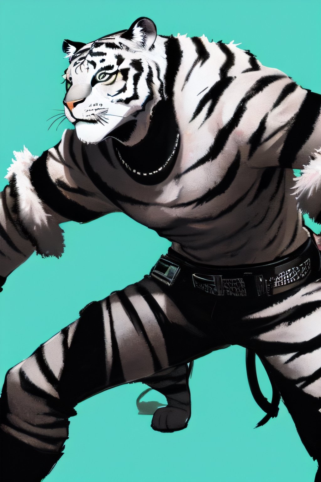 streetwear, white tiger, mutant, muscle body, samurai style, cyberpunk background, bright background,