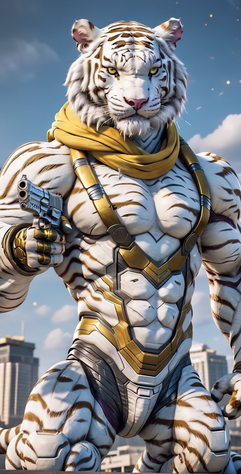 giant white tigger as a scarf, ultra high resolution, 8k photography, extremely detailed, (( realistic style gy,ellow suit:1.3)) ,  Custom design, shining body, glowing look, full shining suit, body, hues.,, perfect custom, holding gun pistol, weapon master, muscle body,big dick,soldier futurist