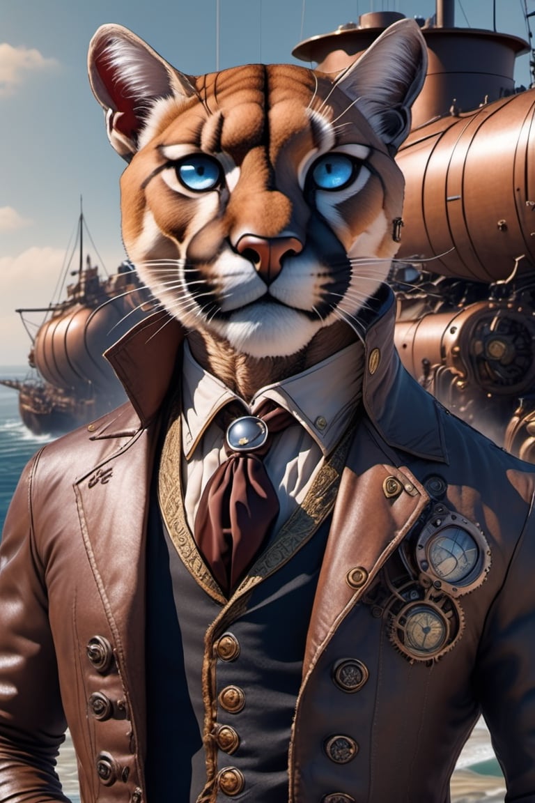  pirate, airship in the background, steampunk, 8k, hyperreal, direct sunlight,bue eyes,cougar mutant,handsome,human face,cougar face ,khaiijit puma facegolen jacket,puma_half_face