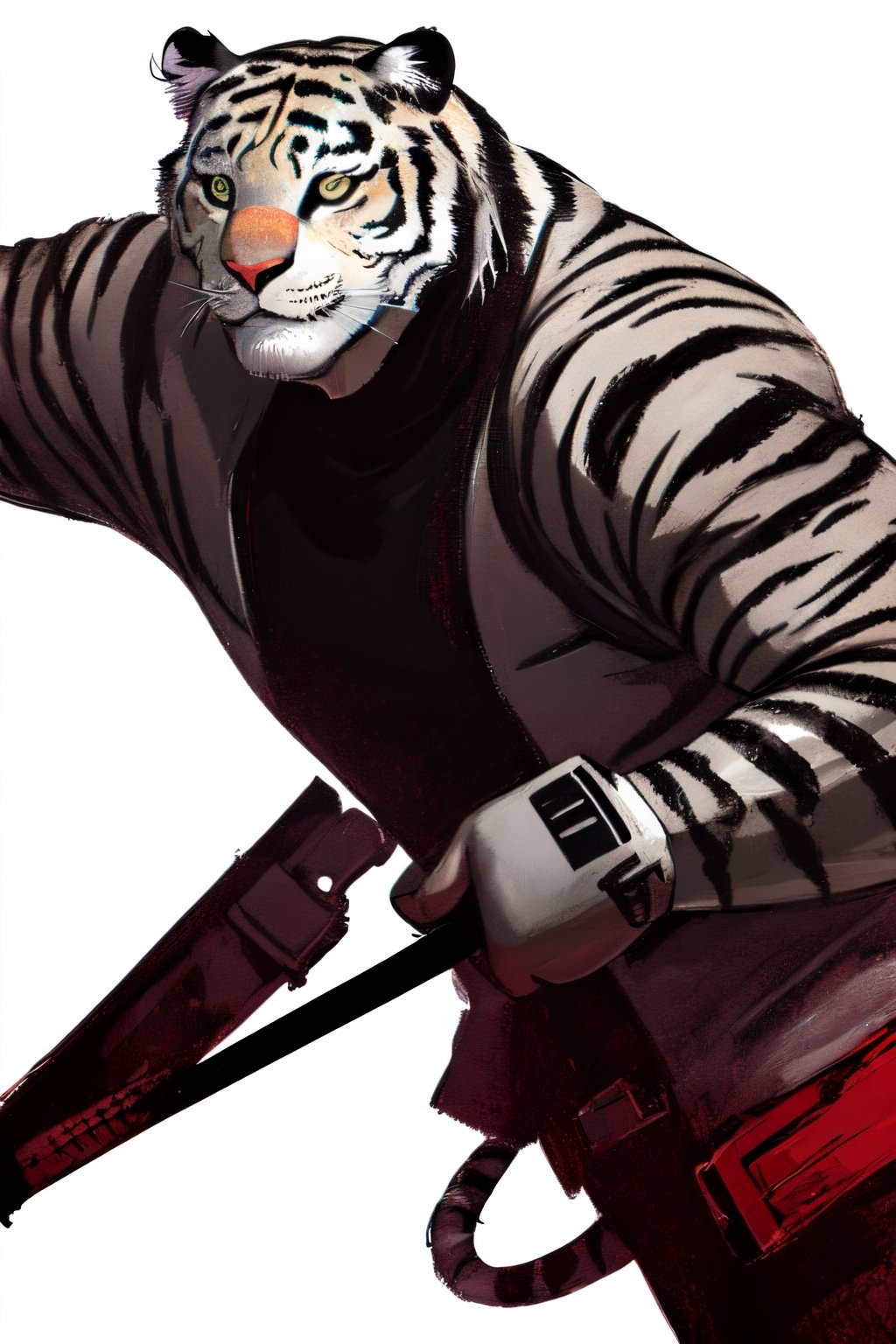 streetwear, white tiger, mutant, muscle body, samurai style, cyberpunk background, bright background,