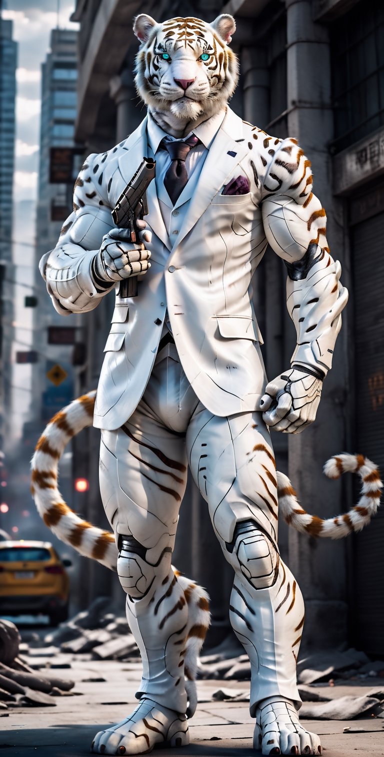 giant white tigger as a scarf, ultra high resolution, 8k photography, extremely detailed, (( realistic style white suit:1.3)) ,  Custom design, shining body, glowing look, full shining suit, body, hues.,, perfect custom, holding gun pistol, weapon master, muscle body,big dick,soldier futurist,black suit_james bond
