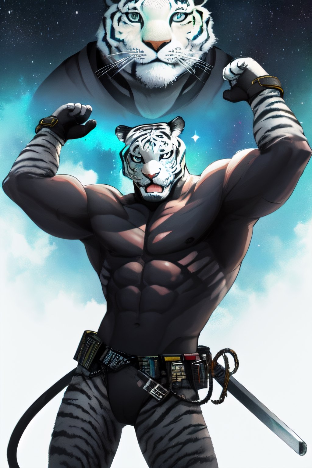 white tiger, mutant,solider,commander space, muscle body, samurai style,humanoid,army, urmah warrior,blue shirt