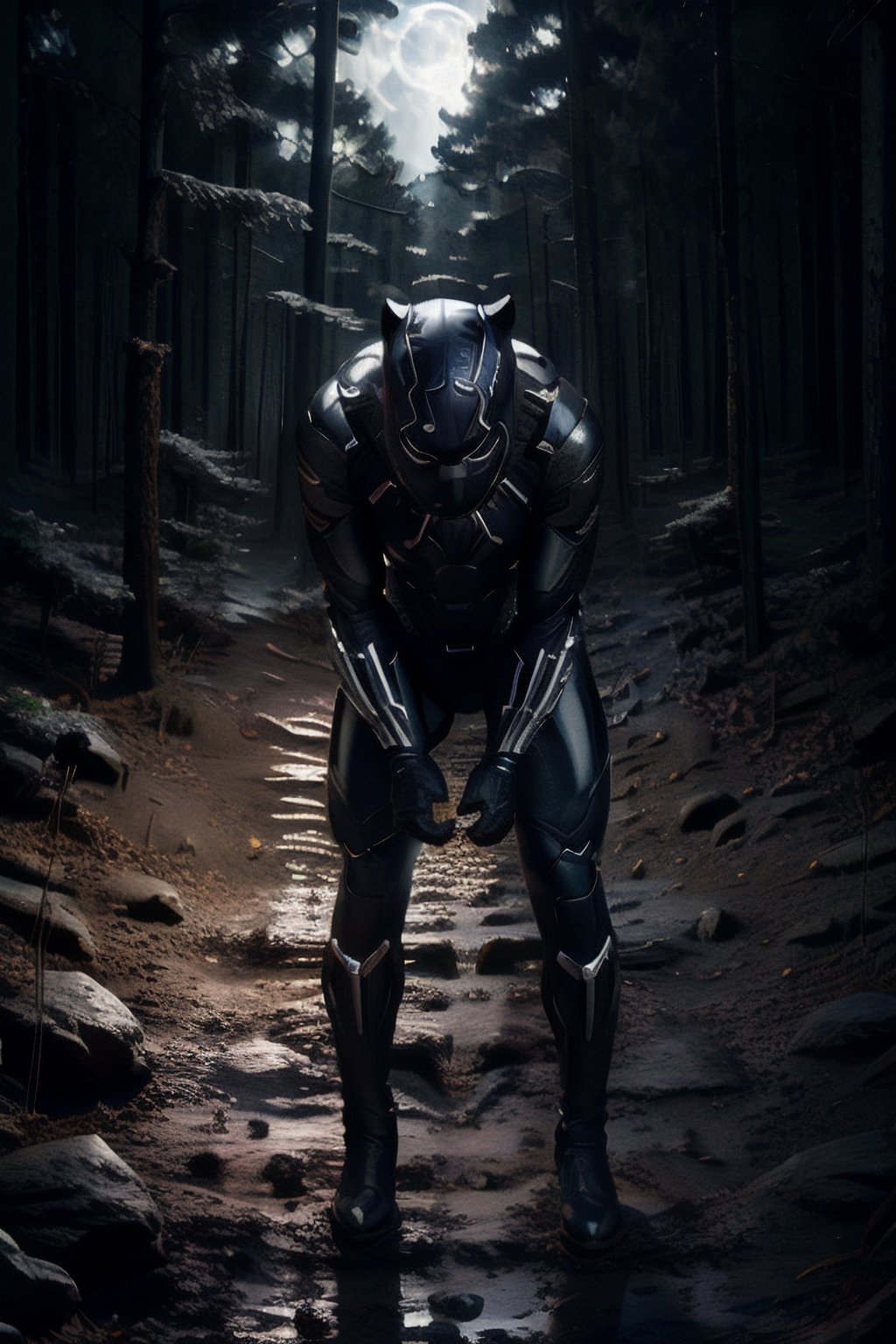 ((black panther marvel character)), ((crouched looking at tire tracks on dirt)), ((in the forest)), ((glowing white eyes)), ((full body shot)), wide shot, nighttime, midnight, realistic, detailed, ultra detailed realistic illustration, ultra high definition, 8k, unreal engine 5, ultra sharp focus, highly detailed, vibrant, cinematic production character rendering, very high quality model, hyper detailed photography, ultra detailed, detailed face, detailed eyes, realistic, detailed, ultra detailed realistic illustration, detailed face,whiteeyes,moonlight reflection,and white_ tiger_ humanoid_ versus,nude,