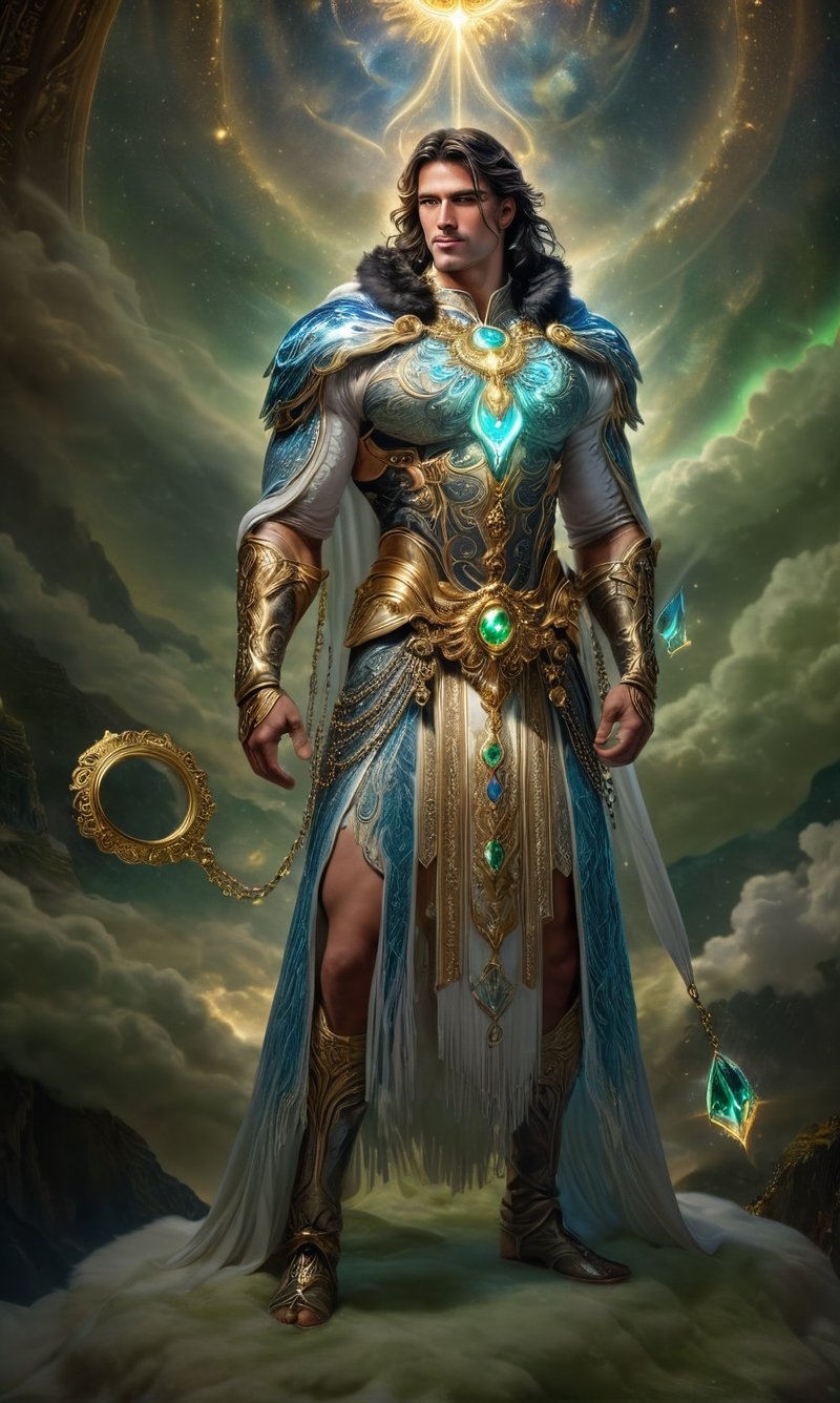 A muscular man stands naked in a wonderland, wearing a rich snow-white fur cape with a very long pile, from under which his extremely muscular body can be seen, the emphasis is on the male body. Above his head is a halo surrounded by a white cloud and golden holy light, the man is adorned with gold chains with precious stones, finger rings, a heavy belt with a band of gold with precious sparkling stones covering his penis. He has short blond hair with shaved temples and large expressive green eyes. A clock ticks in the distance. This scene seems like something out of the realm of fantasy or legend seen from above", DonMDj1nnM4g1cXL, , , , , , , , , ,DonMASKTexXL,mexican_guy_big_cheeks_black_hair_