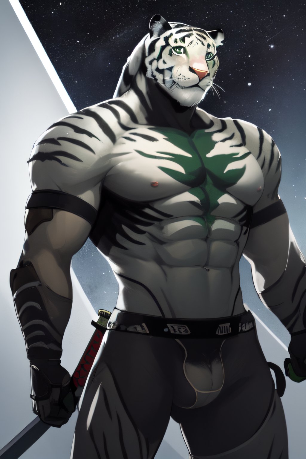 white tiger, mutant,solider,commander space, titan,muscle body, samurai style,humanoid,army, urmah warrior,ufo,green eyes,sword,big dick