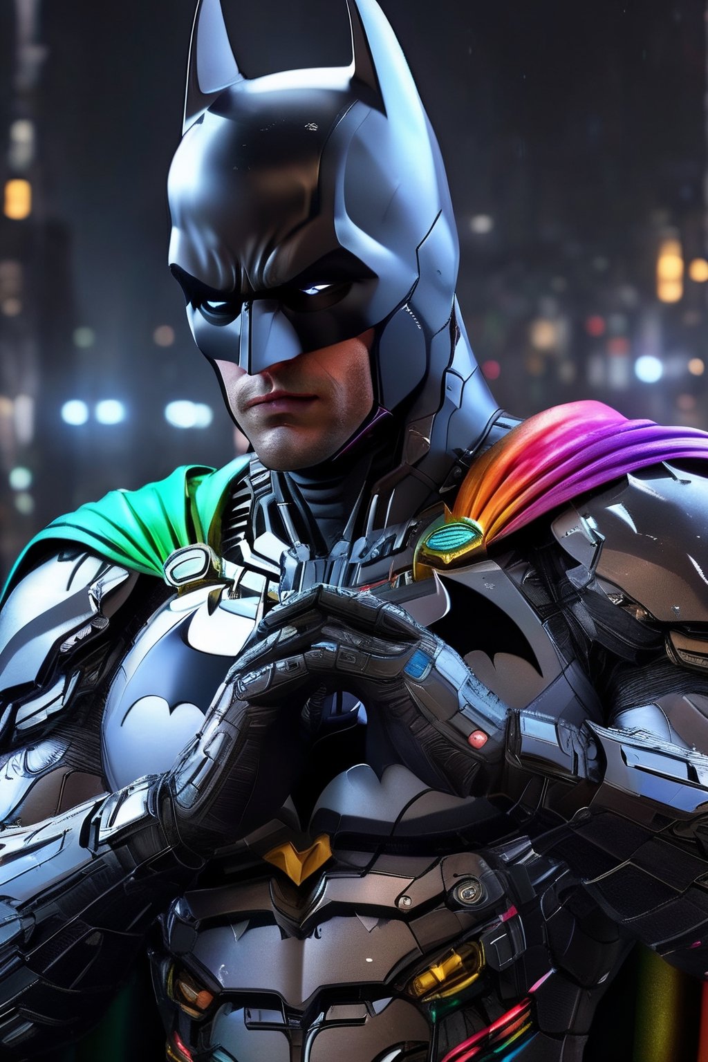 ((batman wearing 10 rings of each rainbow colour on his fingers)), ((batman wearing rainbow suit)), ((holding his hands up palms towards him to show the rings)), futuristic suit, high tech suit, realistic, detailed, ultra detailed realistic illustration, ultra high definition, 8k, unreal engine 5, ultra sharp focus, highly detailed, vibrant, cinematic production character rendering, very high quality model, hyper detailed photography, ultra detailed, detailed face, detailed eyes, realistic, detailed, ultra detailed realistic illustration, detailed face,foreground,moonlight reflection,cyborg style,Movie Still,cyborg,android,Film Still
