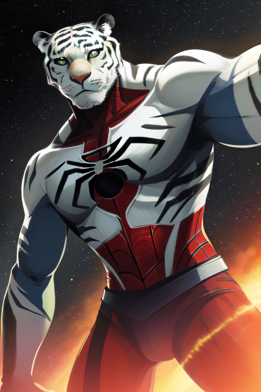 white tiger, mutant,solider,commander space, muscle body, samurai style, urmah warrior,realistic, green chemisse,spiderman suit