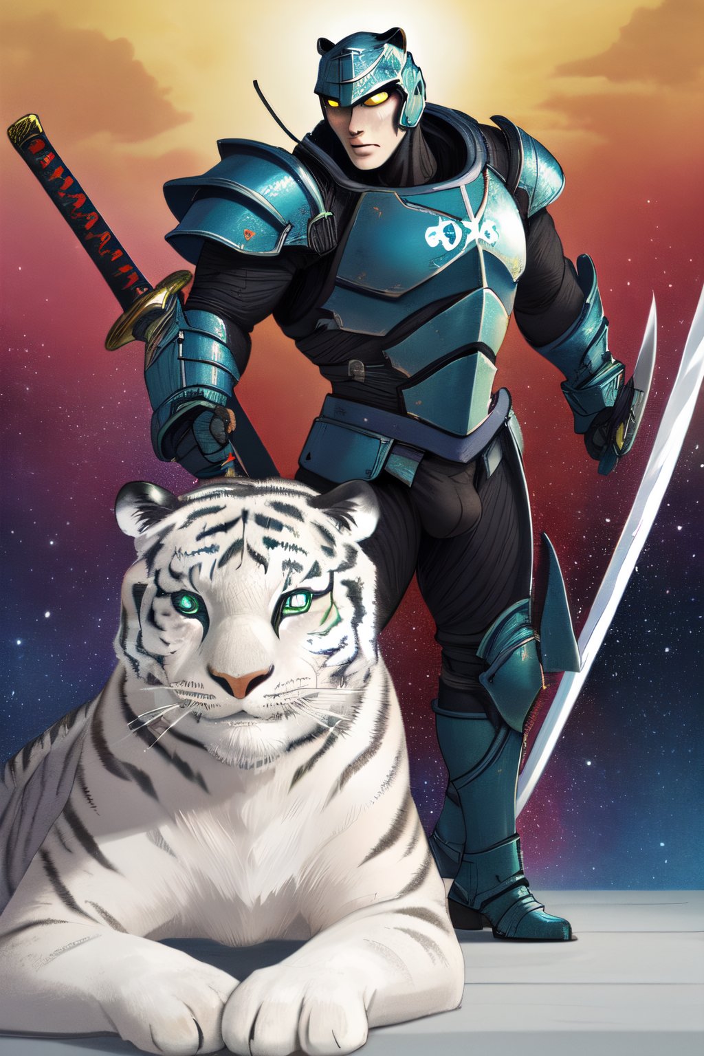 white tiger, mutant,solider,commander space, titan,muscle body, samurai style,humanoid,army, urmah warrior,ufo,green eyes,sword,big dick,golden armor