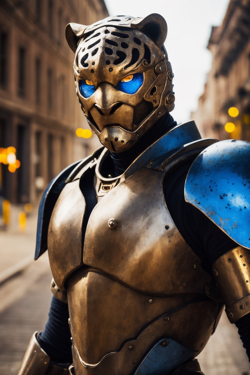 Portrait photo of muscular guy in a worn mech suit, ((light bokeh)), intricate, (steel metal [rust]), elegant, sharp focus, photo by greg rutkowski, soft lighting, vibrant colors, (masterpiece), ((streets)), (detailed face:1.2), (glowing blue eyes:1.1) big dick,white tiger mutant,golden armour,sword siver, in mars planet