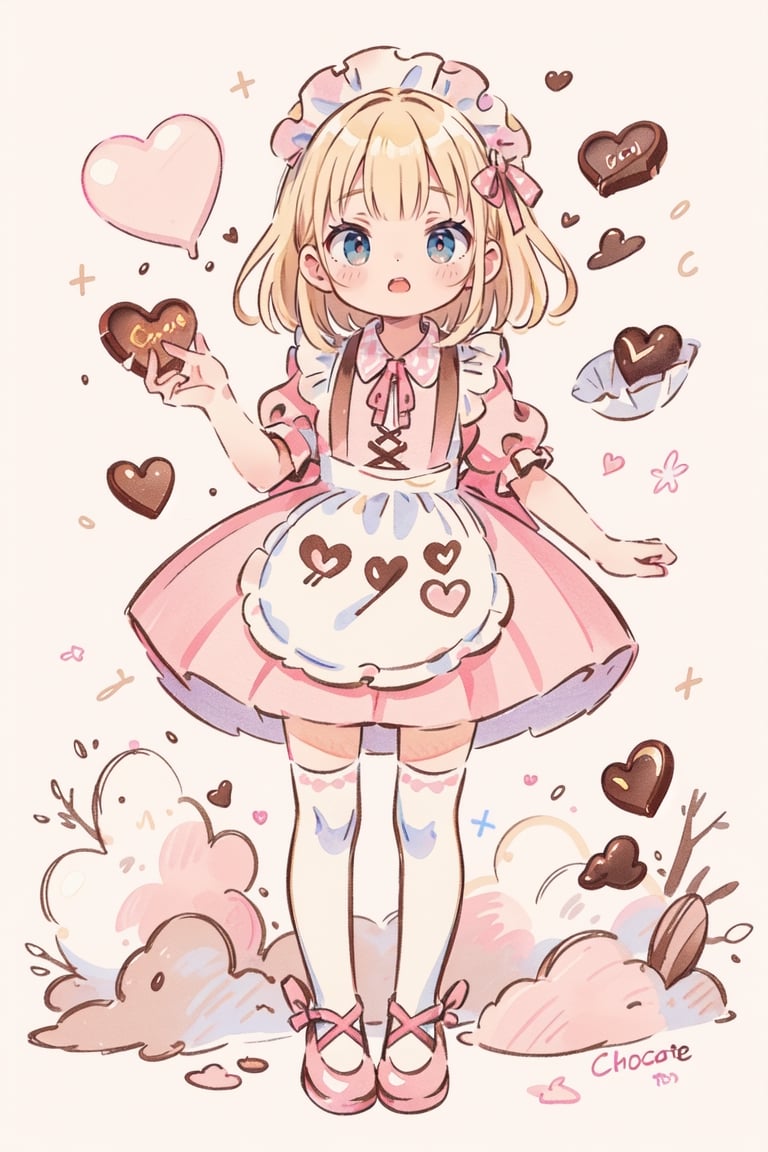 1girl, blonde hair, ((selling chocolate for boyfriend at chocolate shop)), Pink patent leather maid, pink dress,white thighhighs,white apron,cross-laced clothes, masterpiece, best quality, looking at viewer, vintage fantasy, watercolor, warm pastel colour tone, colourpencil style, ((half body)),kawaii face