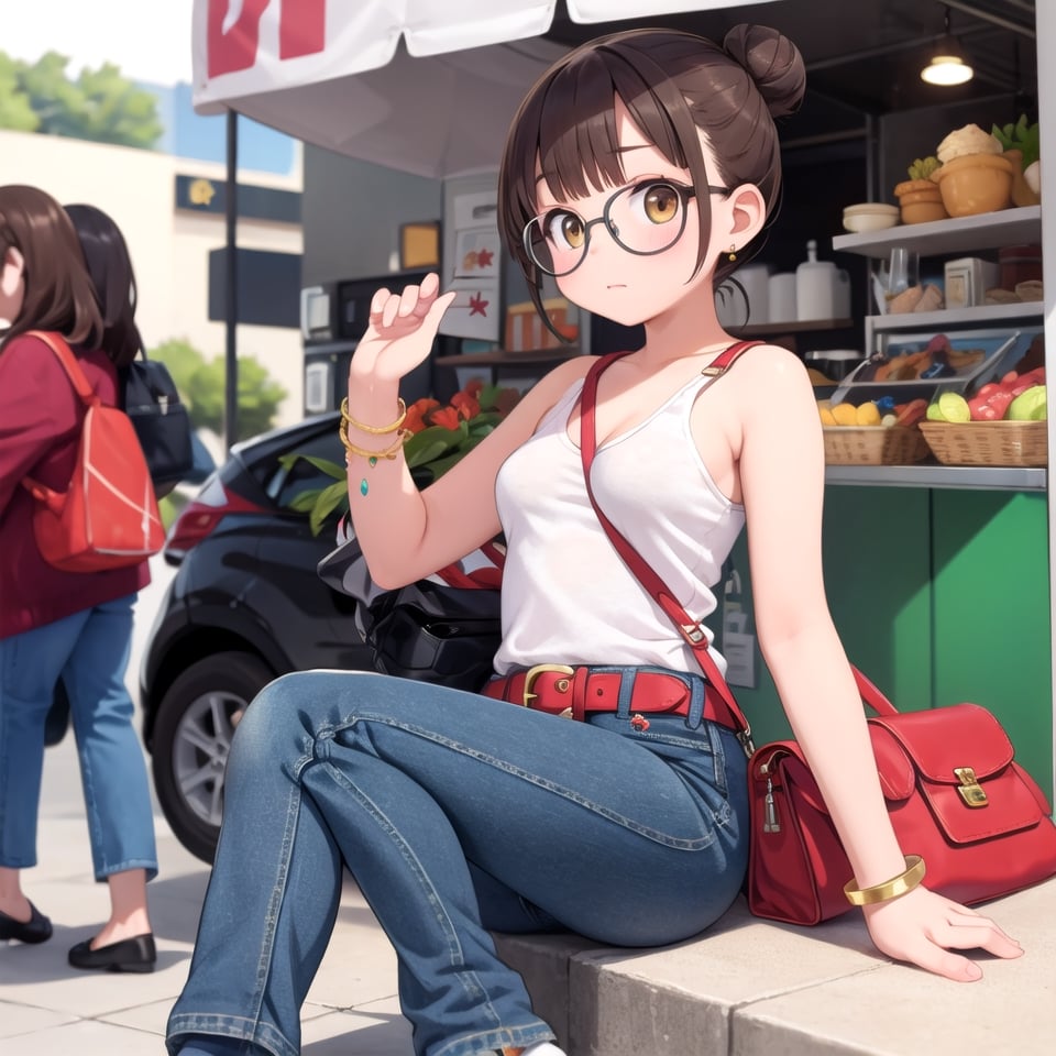 masterpiece, best quality, ultra-detailed, illustration,π/, paisura, 1girl, glasses, solo,  small breasts, strap between breasts, denim, pants, bag, jeans, ground vehicle, tank top, outdoors, blurry, jewelry, breasts, bare shoulders, blurry background, belt, bracelet, white tank top, handbag, brown hair, shirt, day, hair bun,,paisura