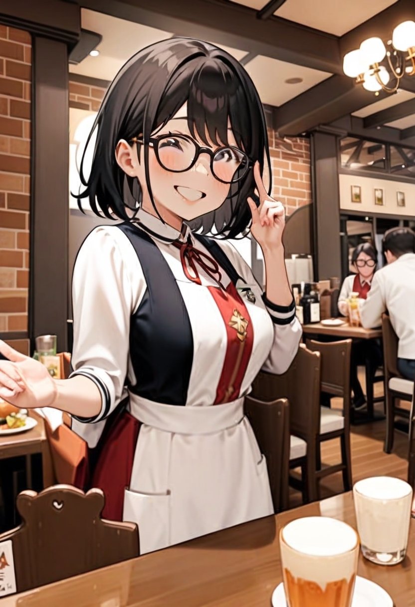 masterpiece, best quality, very aesthetic, absurdres, cute, 1girl, solo , glasses, black hair, medium hair, smile, looking at viewer, happy, smile,NMC, newmunchen, black hair, indoors, apron, chair, multiple boys, table,  , multiple girls