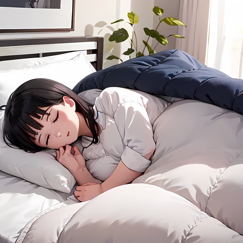best quality, ultra-detailed, illustration,futon, 1girl, solo, black hair, sleeping, closed eyes, bed, lying, under covers, blanket, pillow, indoors, long hair , 