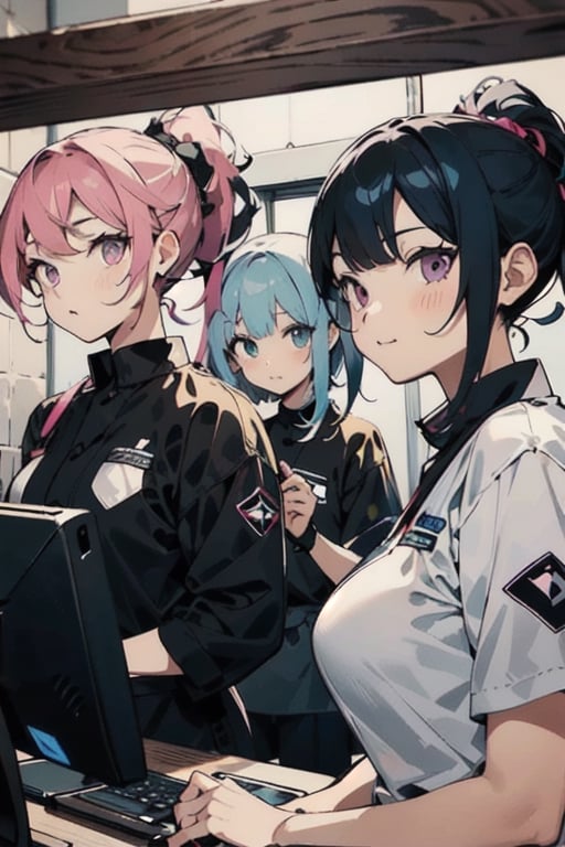 It depicts four figures dressed in black prison uniforms. They are a middle-aged man with a bald beard and three very young, very young elementary school girls. One has a short bob cut with light blue hair color and the other has twin-tail hair with pink hair color. And the other girl has glossy black hair in a ponytail, shi's big purple eyes and very large breasts. In the background, they are eating and discussing in a prison cell with a sophisticated computer.