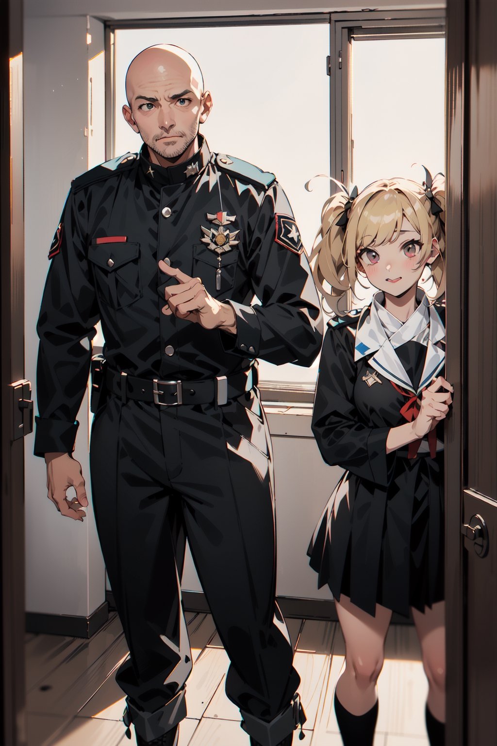 (MANGA:1.2)A middle-aged man with a bald head of black beard and two middle-aged men with cheerful faces are discussing arm-in-arm. They are dressed in orange work clothes, prison uniforms. The background is a room in a prison cell, A very young elementary school girl,  10 years old,  blond twin-tailed hair,  dressed in the officer's uniform of the former Japanese Navy,  with the rank of naval general and numerous decorations attached. She wears a military black coat,  black military boots,  I'm stunned by the empty space.
Negative prompt: EasyNegative
Steps: 40, Sampler: DPM++ SDE Karras, CFG scale: 12.0, Seed: 750992829, Size: 512x768, Model: _BlazingDrive_V09i, Denoising strength: 0.25, Clip skip: 2, TI hashes: easynegative, Version: v1.6.0.8-v3-2-g9930b53
Used Embeddings: easynegative