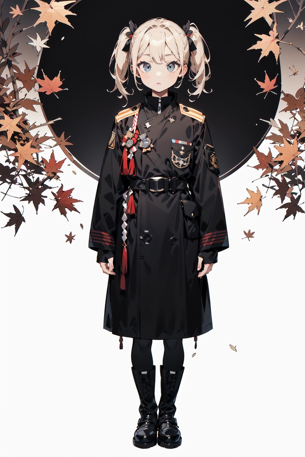 A very young elementary school girl, 10 years old, blond twin-tailed hair, dressed in the officer's uniform of the former Japanese Navy, with the rank of naval general and numerous decorations attached. She wears a military black coat, black military boots, 
I'm stunned by the empty space.
A crisp, clear autumn morning
